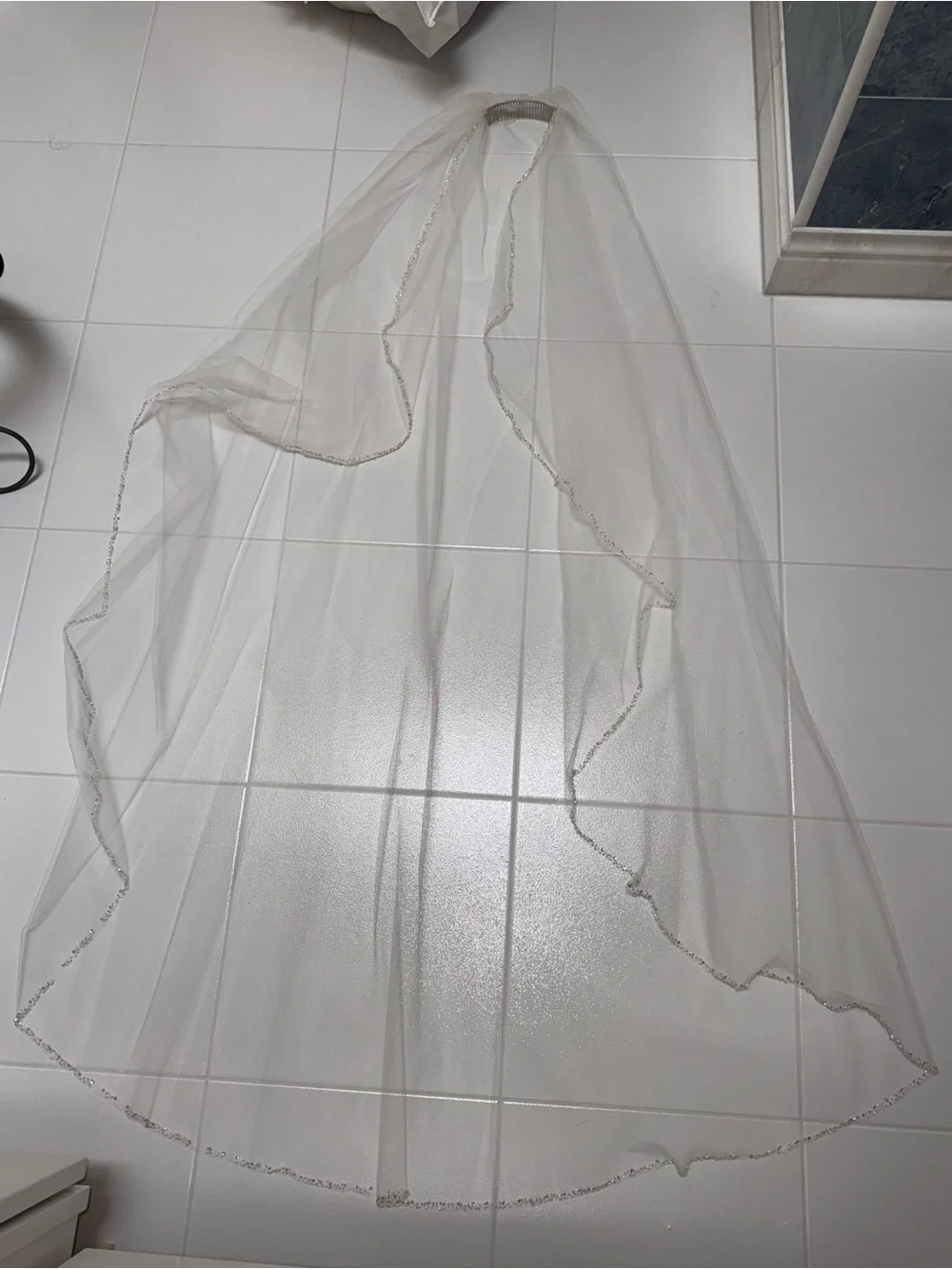 Delicate White Sheer Hair Bridal Veil with Subtle Beaded Trim